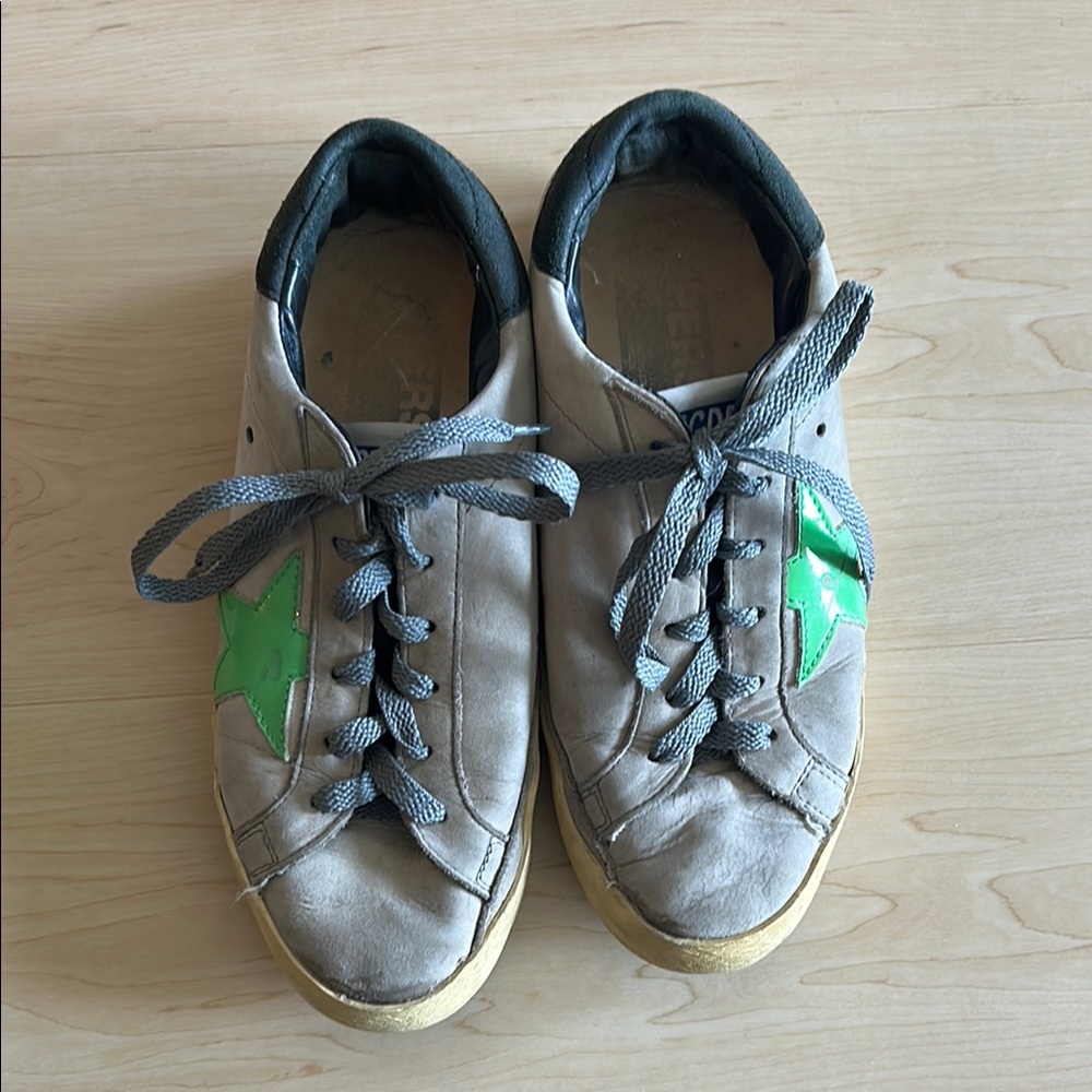 Golden Goose Gray and Green Sneakers